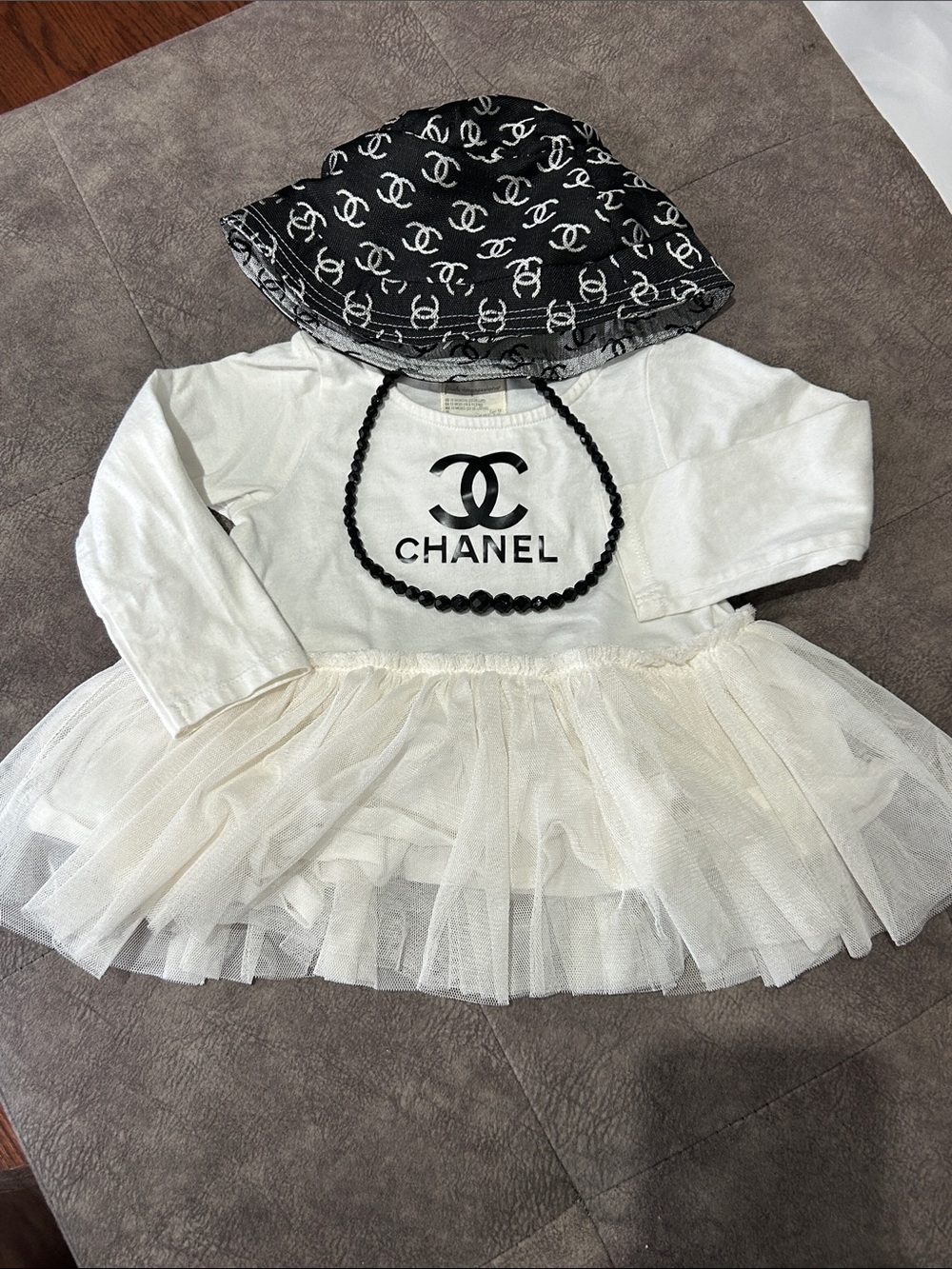 CC  White Tulle Logo Dress x2 Black Hat & beaded Necklace size 12months 1 piece
